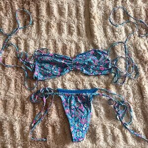 Frankie's Bikinis Blue Floral Tie-Side Bikini Set
